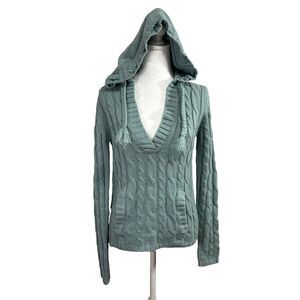 Women's‎ Cable Knit Sweater Seafoam Blue Hooded Tassels Pocket Y2K Cottage Sz L